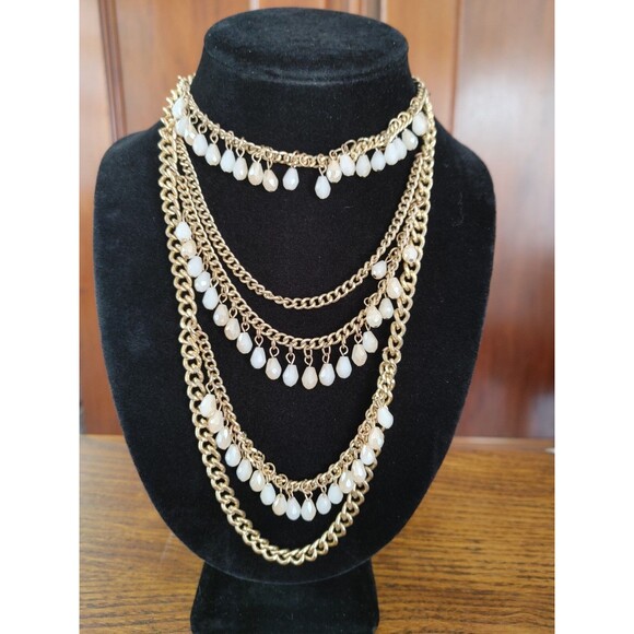 Five Tier Goldtone White Beaded Necklace - Picture 2 of 5